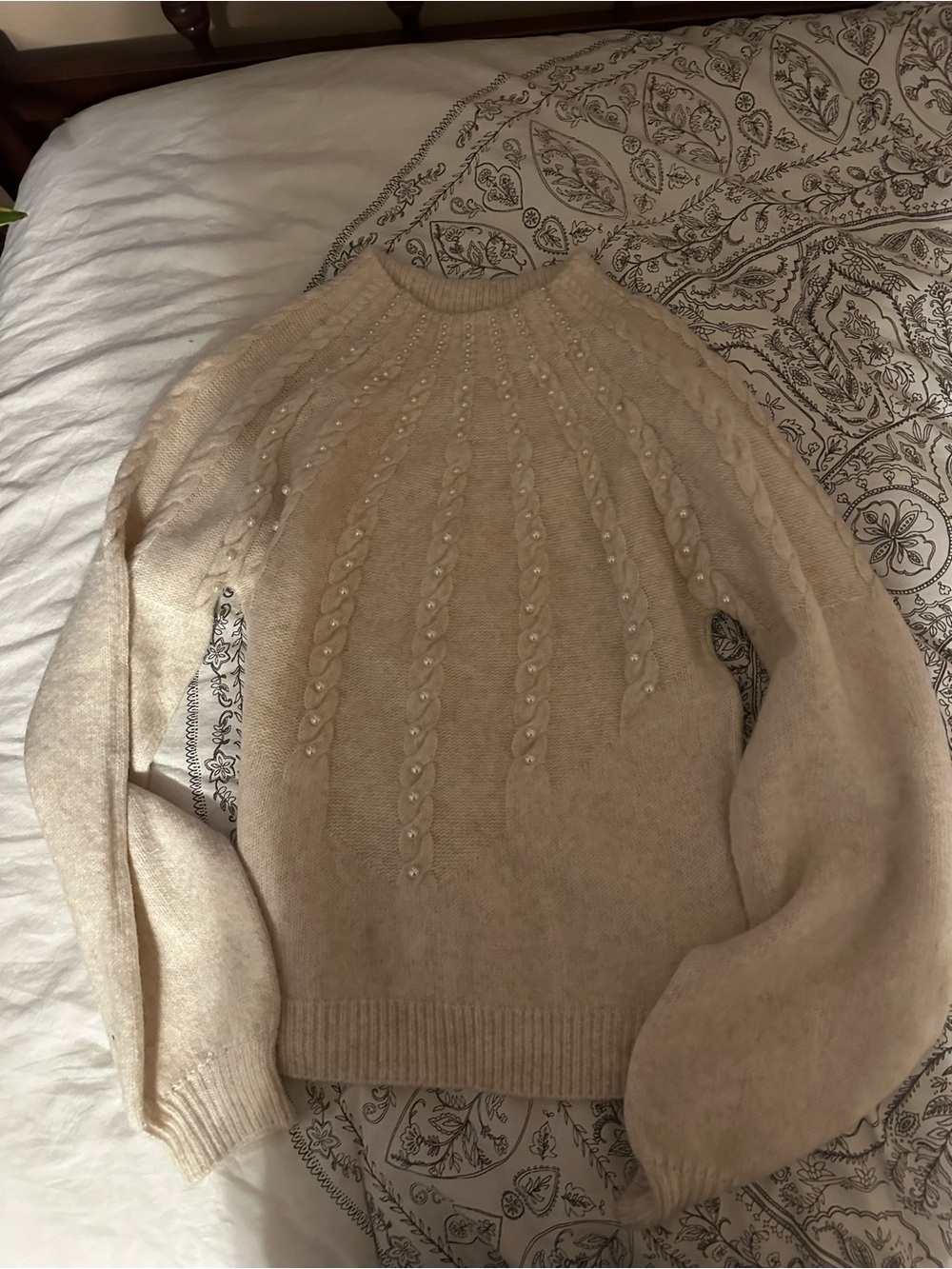 APRICOT Cream Cable-Knit Pearl-Embellished Crewneck Sweater